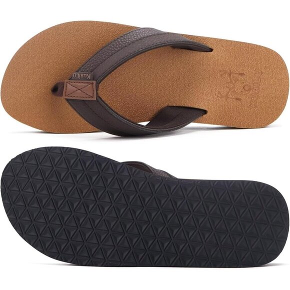 〽️Men\'s Flip Flop Sandal Khaki Leather Slip On Arch Support Comfortable Shoes